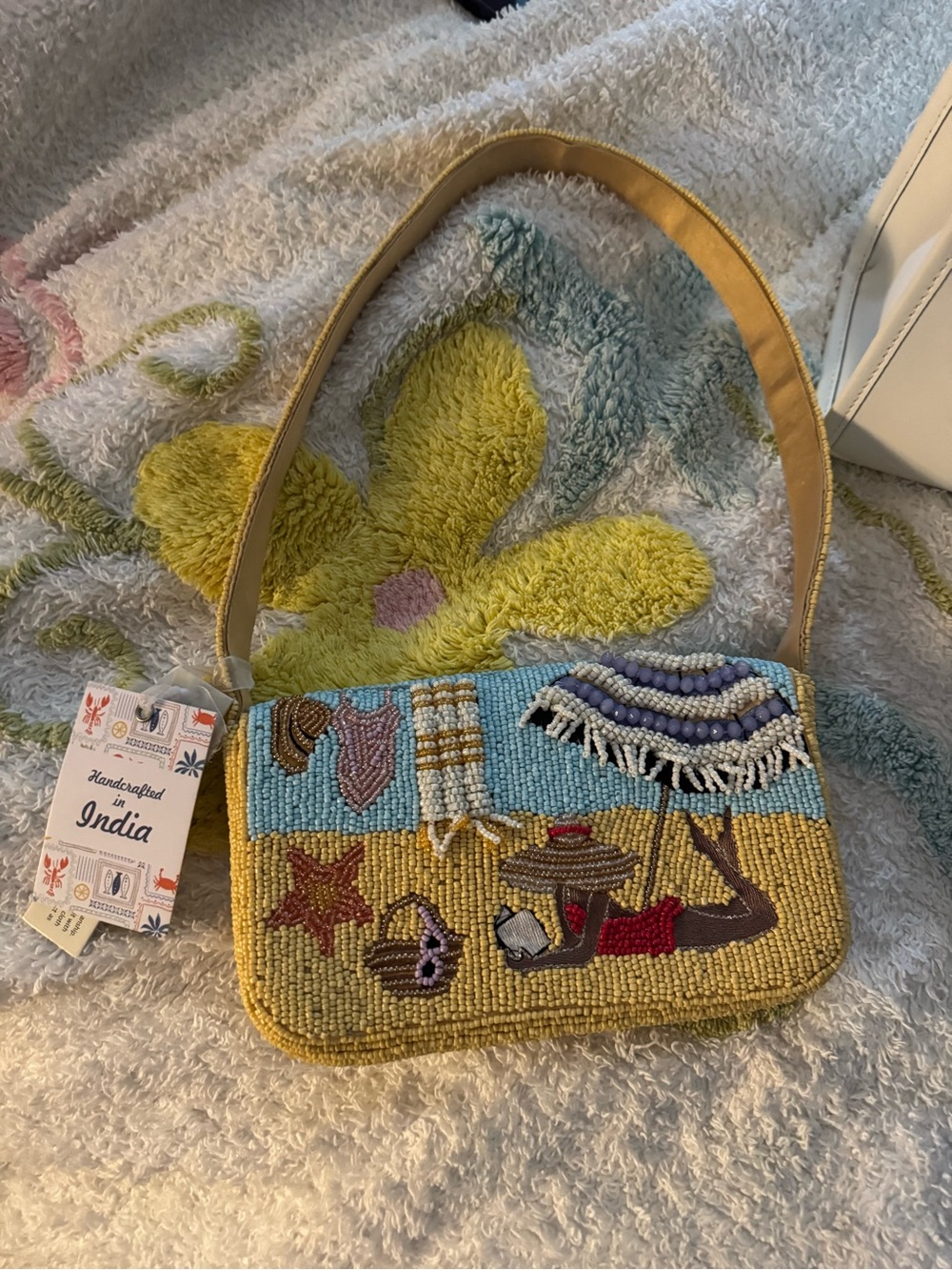 NWT Handcrafted Beaded Beach Scene Shoulder Bag Summer Resort Flap Purse India